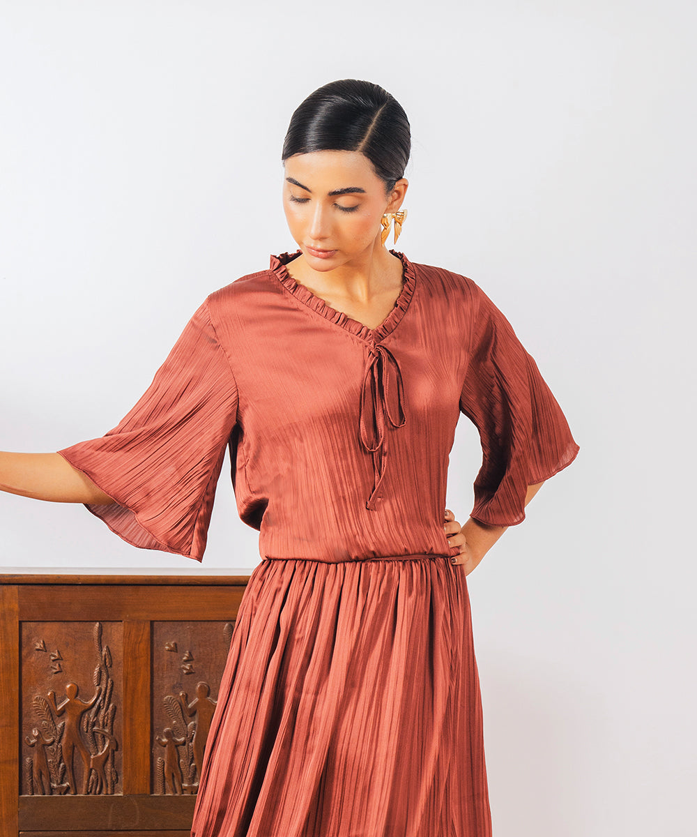 Brown Crush Top with Frill & Strings - Halo Retail