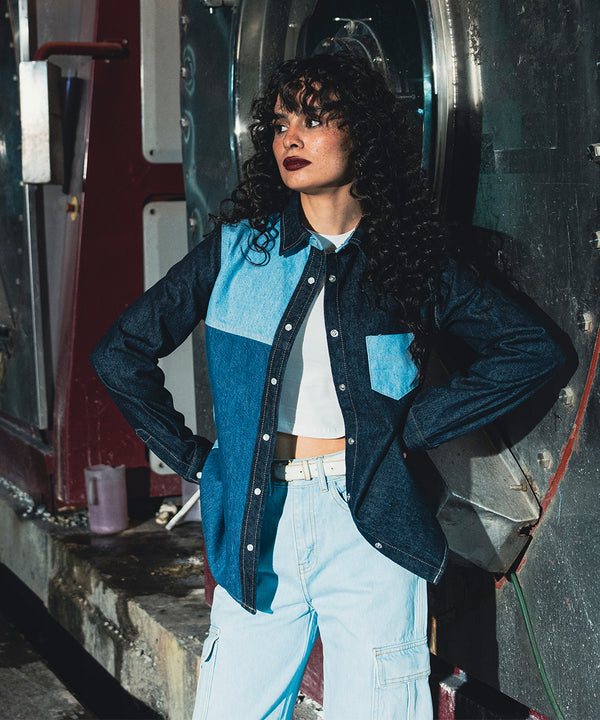 Patched Denim Button Down Shirt - Halo Retail