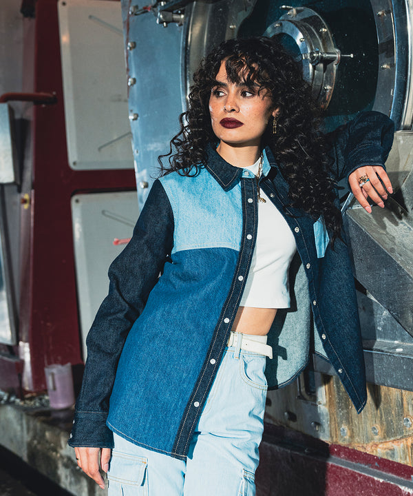 Patched Denim Button Down Shirt - Halo Retail
