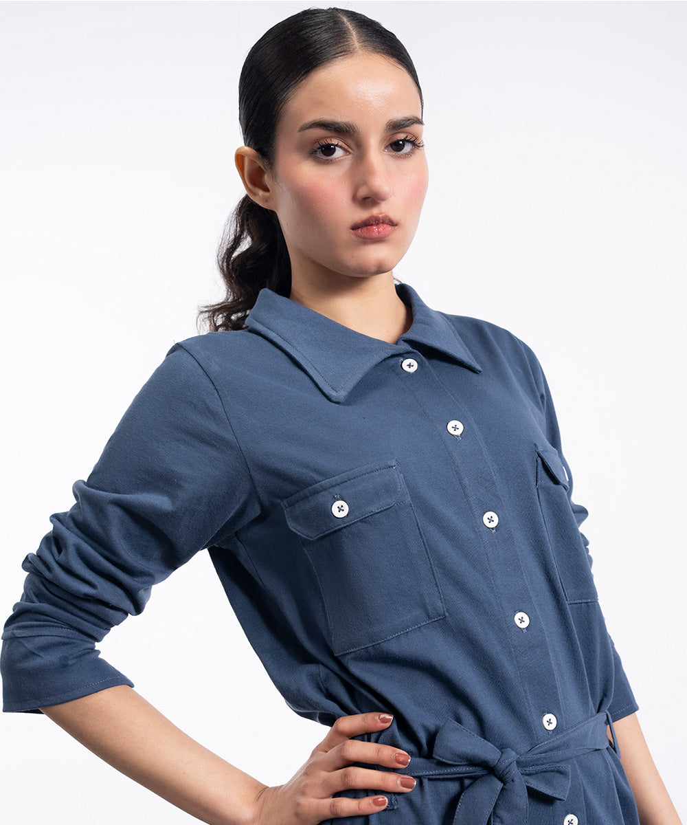 Classy Blue Front Open Dress - Halo Retail