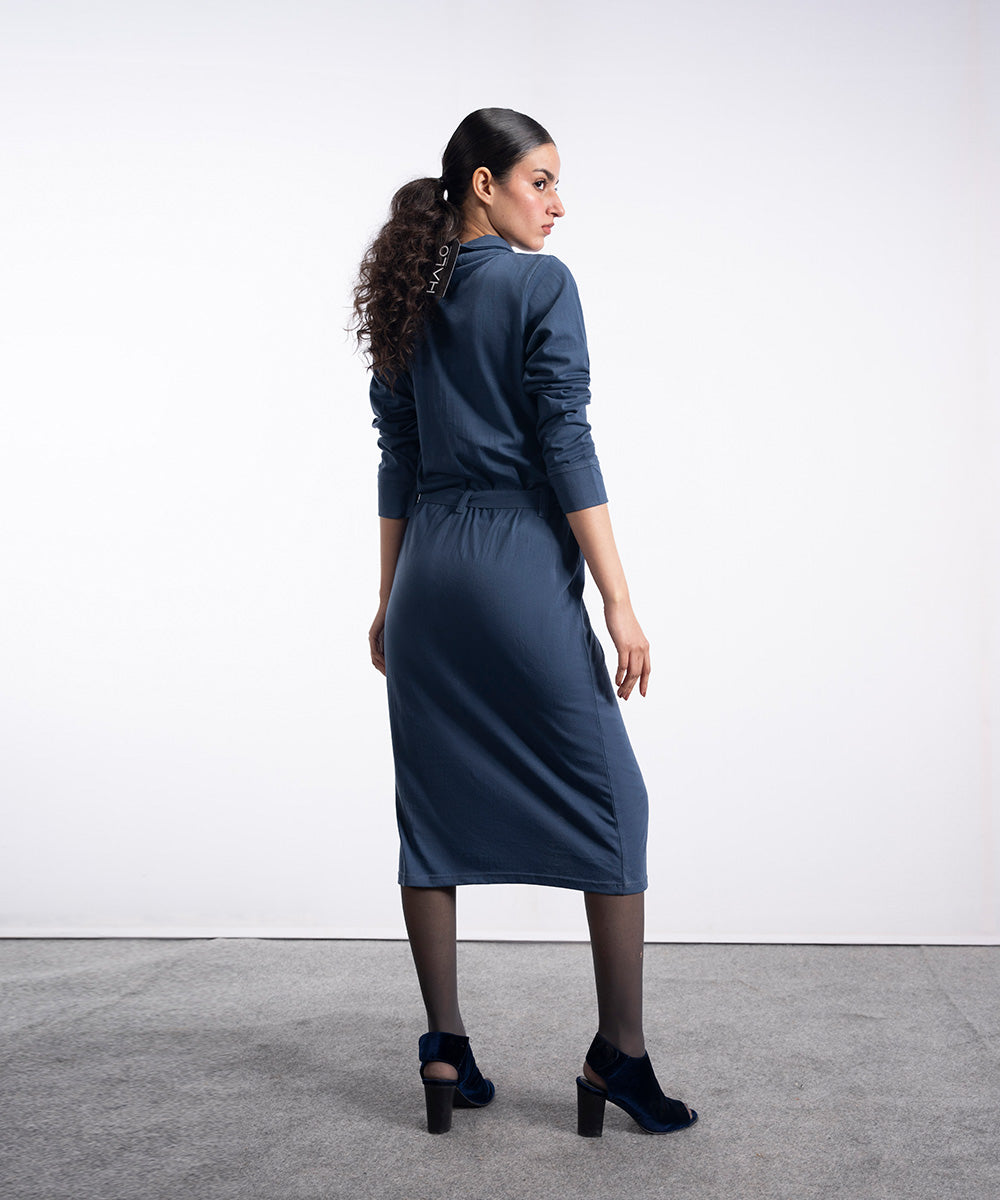 Classy Blue Front Open Dress - Halo Retail