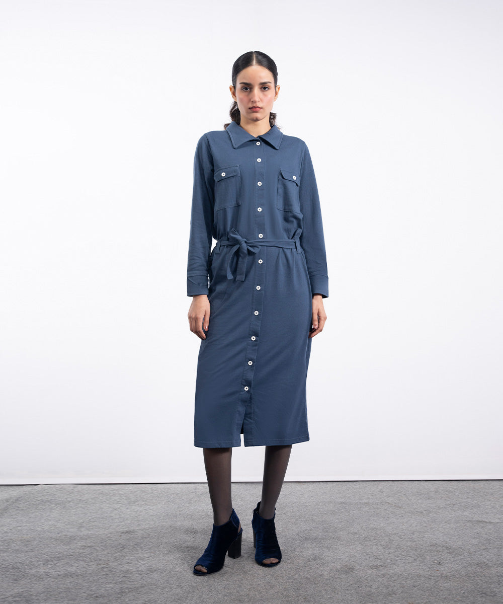 Classy Blue Front Open Dress - Halo Retail