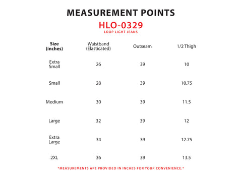 Size Chart for Loop Light Jeans