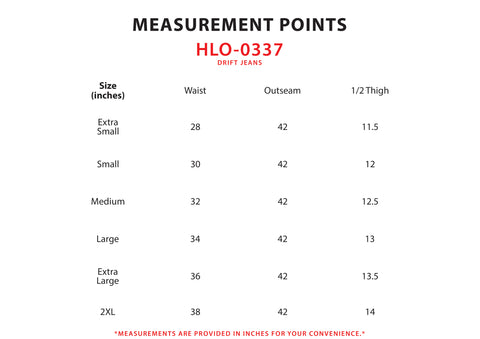 Size Chart for Drift Jeans