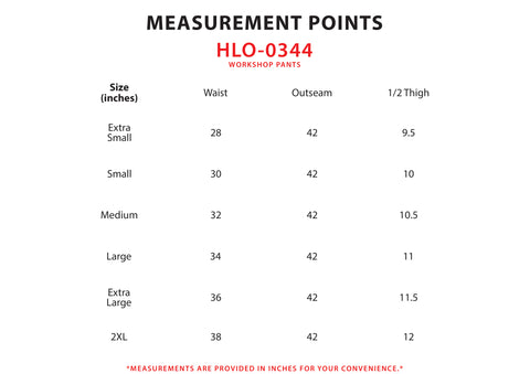 Size Chart for Workshop Pants