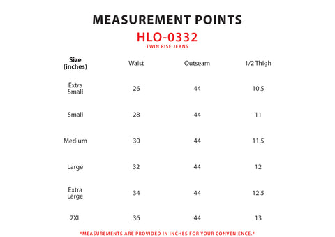 Size Chart for Twin Rise Jeans