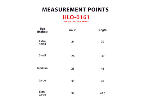 Size Chart for Fleece Jogger Pants