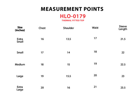 Size Chart for Thermal Fitted Top