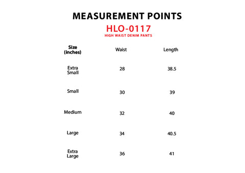 Size Chart for High Waist Denim Jeans
