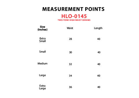 Size Chart for Two Tone High waist jeans