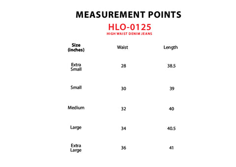 Size Chart for High Waist Denim Jeans