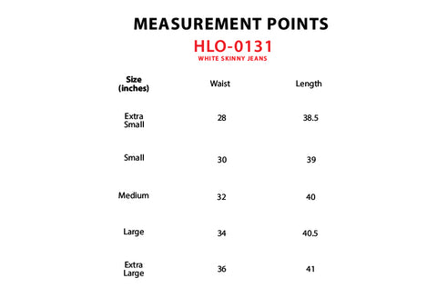 Size Chart for White Skinny Jeans
