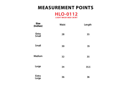 Size Chart for Light Wash Midi Skirt
