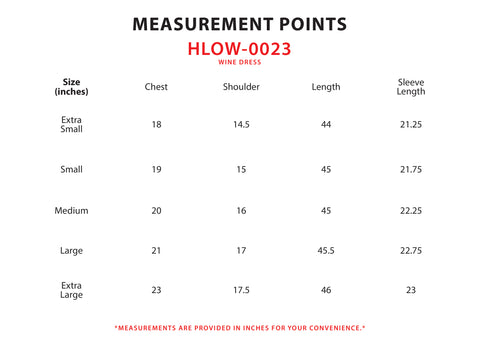 Size Chart for Wine Dress