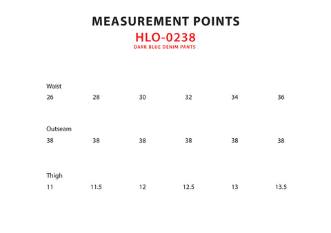 Size Chart for Dark Blue Denim Pants