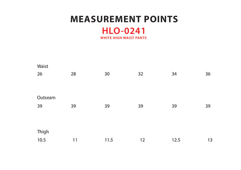 Size Chart for White High Waist Pants