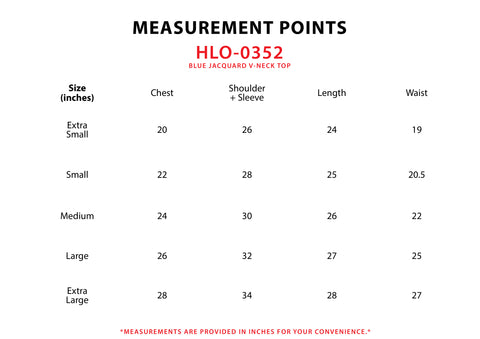 Size Chart for Blue Jacquard V-Neck Top