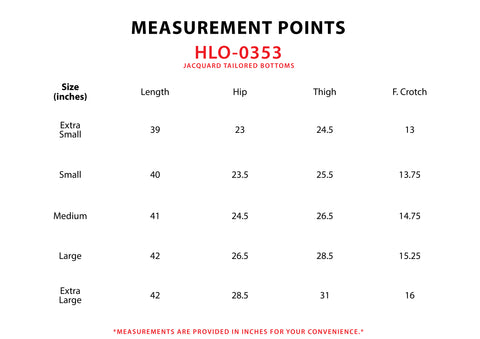 Size Chart for Jacquard Tailored Bottoms
