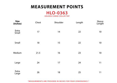 Size Chart for Golden Cuban Collar Top