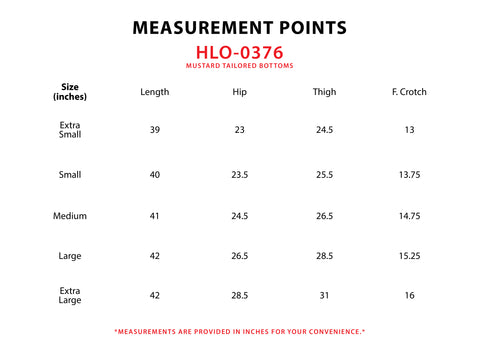 Size Chart for Mustard Tailored Bottoms