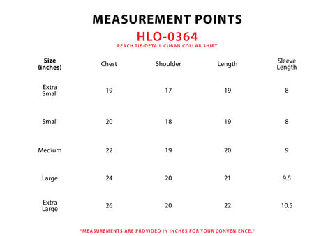 Size Chart for Peach Tie-Detail Cuban Collar Shirt