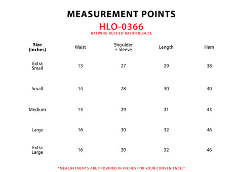 Size Chart for Batwing Ruched Rayon Blouse