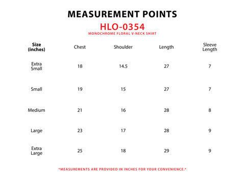 Size Chart for Monochrome Floral V-Neck Shirt
