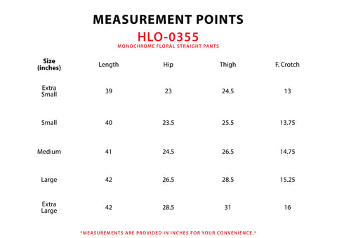 Size Chart for Monochrome Floral Straight Pants