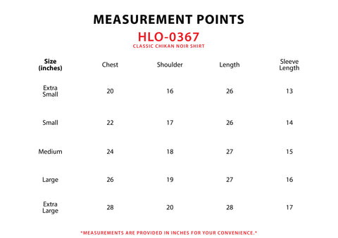 Size Chart for Classic Chikan Noir Shirt