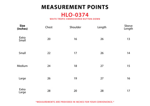 Size Chart for White Tropic Embroidery Button-Down