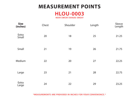 Size Chart for Noir Sweat