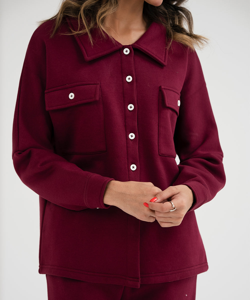 Wine Fleece Button Down Shirt