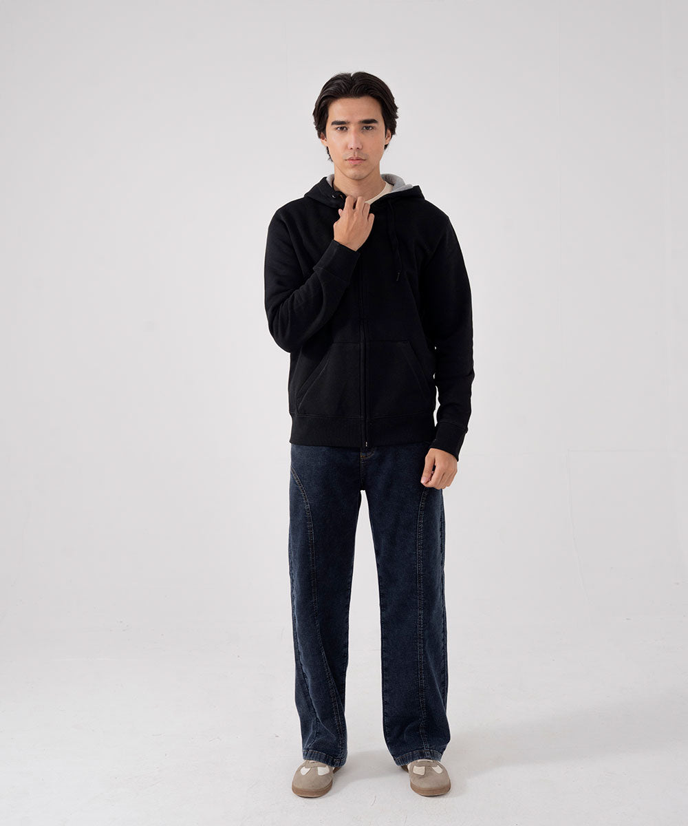 Minimal Black Zipper Hoodie (M) - Halo Retail