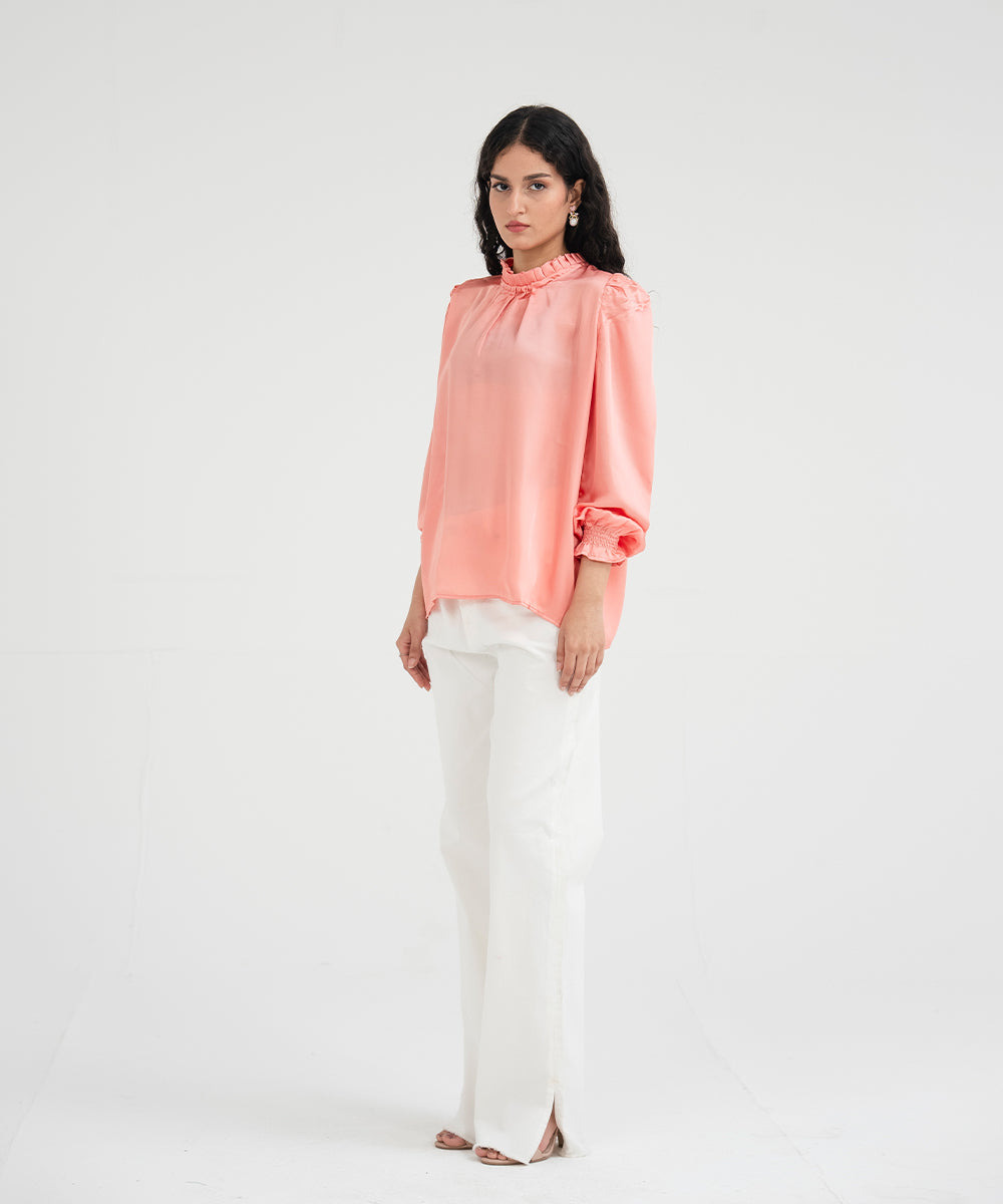 Silk Top With Ruffled Neck