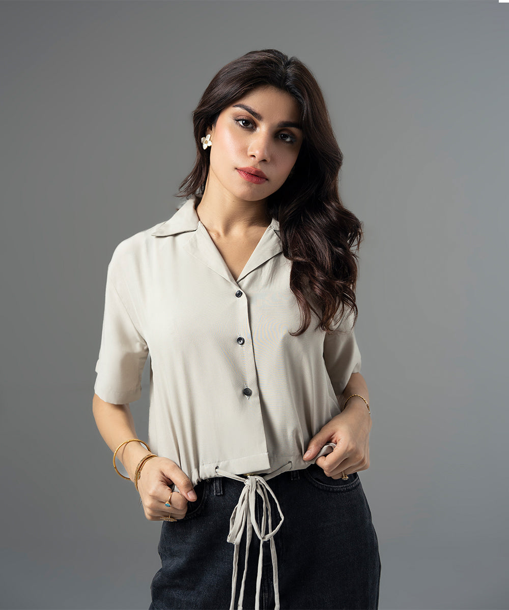 Peach Tie-Detail Cuban Collar Shirt - Halo Retail