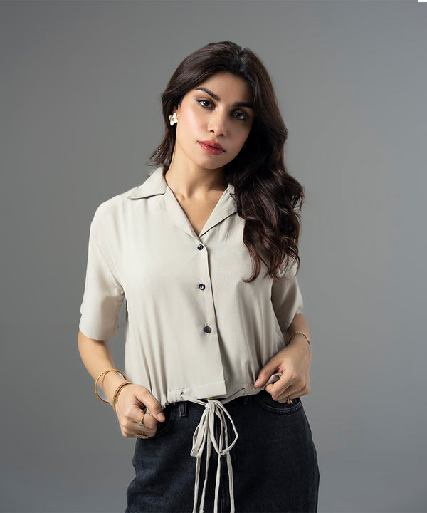 Peach Tie-Detail Cuban Collar Shirt - Halo Retail