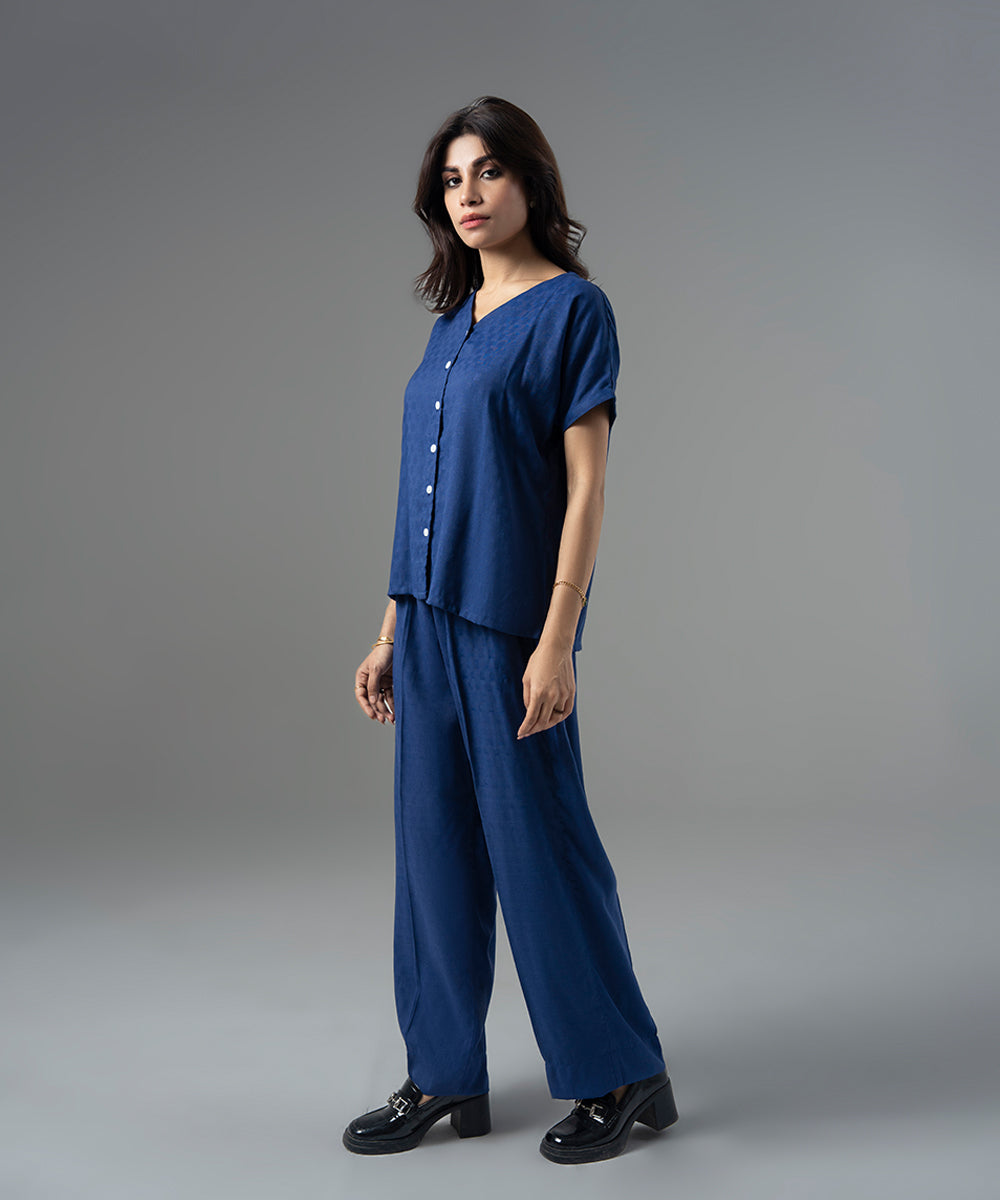 Blue Jacquard V-Neck Top - Halo Retail
