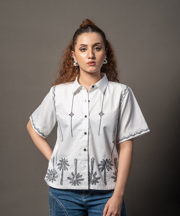 White Tropic Embroidery Button-Down
