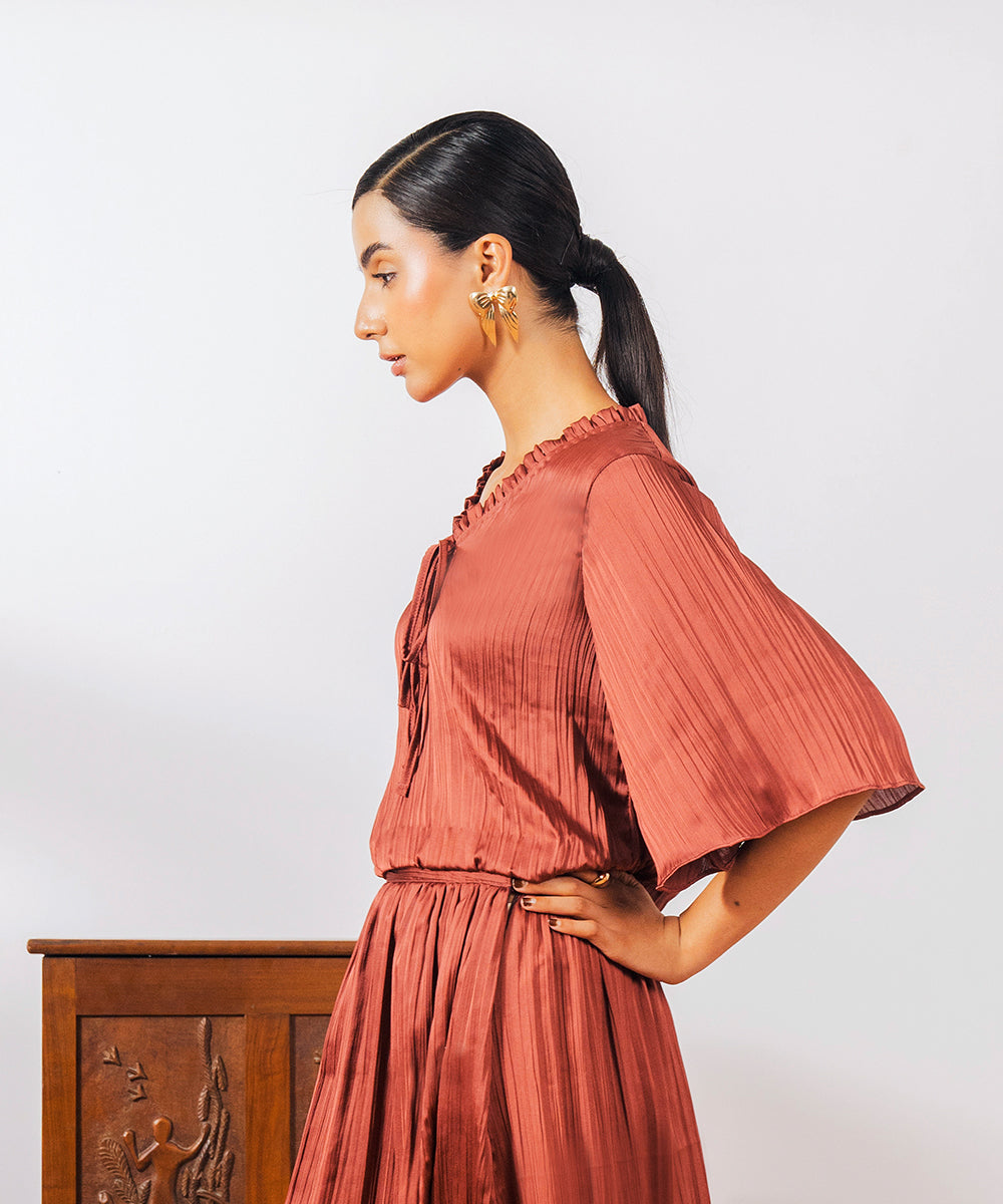Brown Crush Top with Frill & Strings - Halo Retail