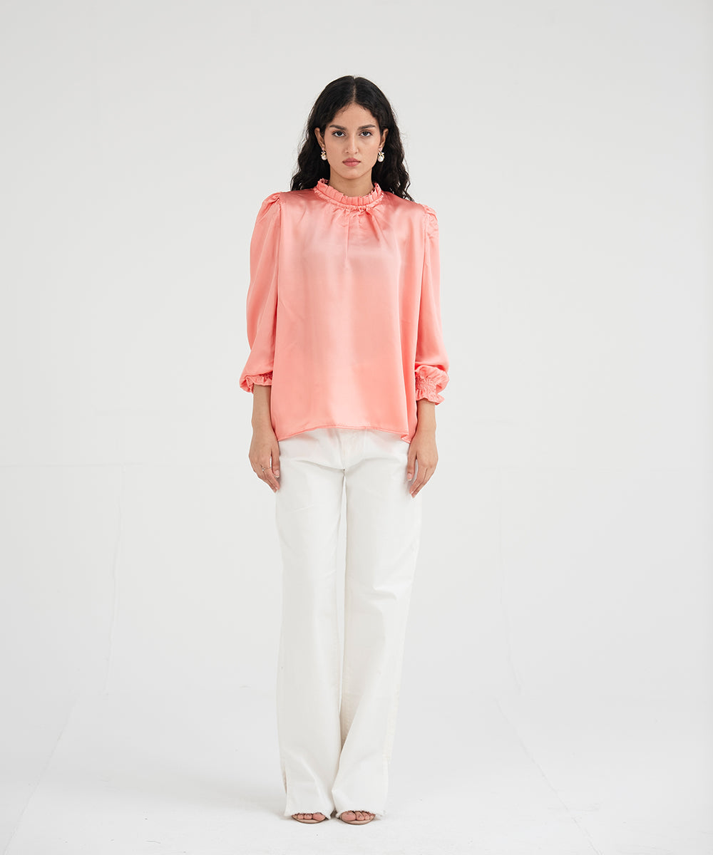 Silk Top With Ruffled Neck