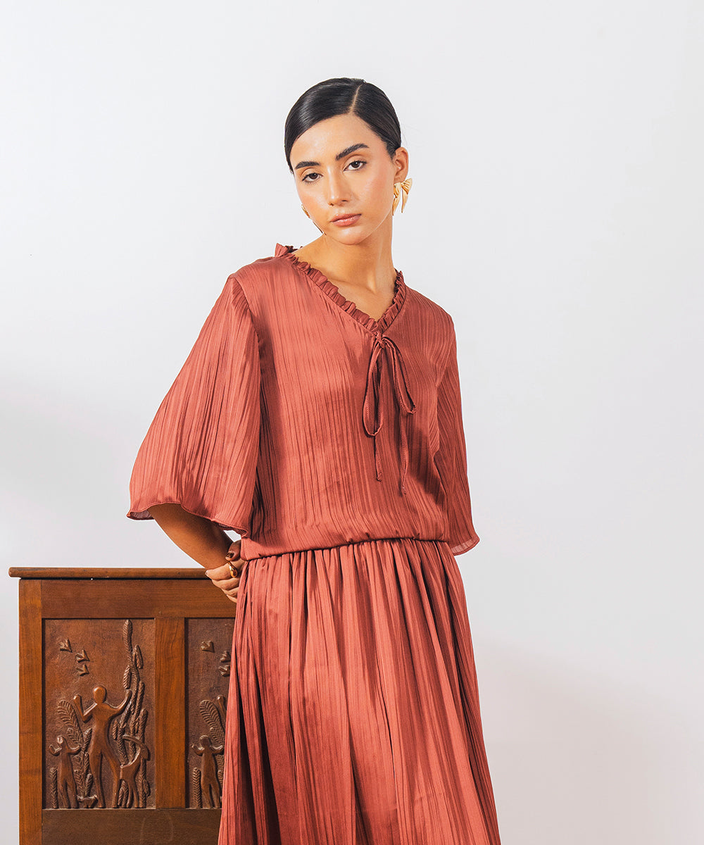 Brown Crush Top with Frill & Strings - Halo Retail