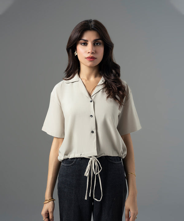 Peach Tie-Detail Cuban Collar Shirt