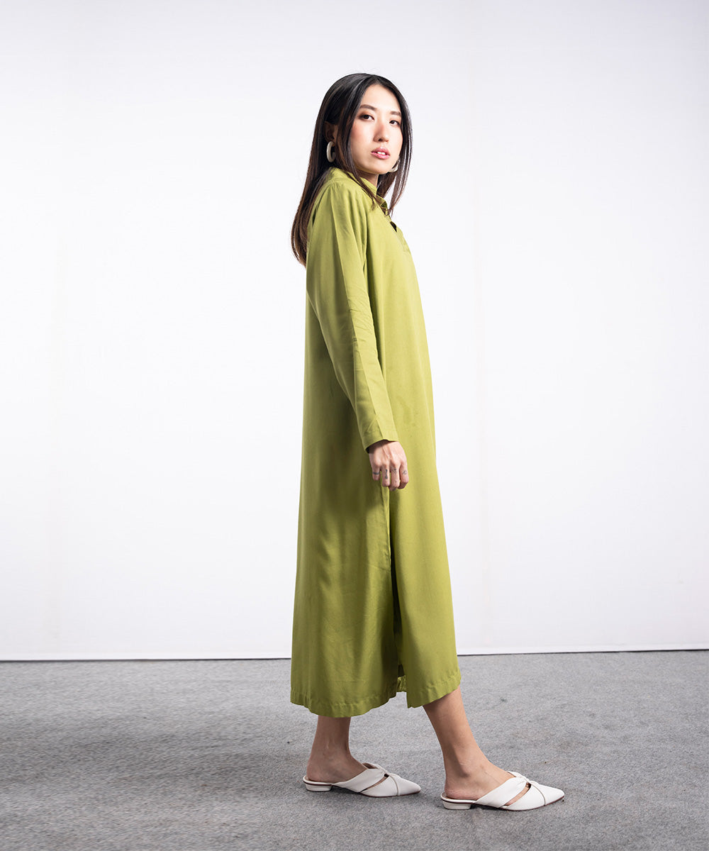 Parrot Green Dress With Collar Details