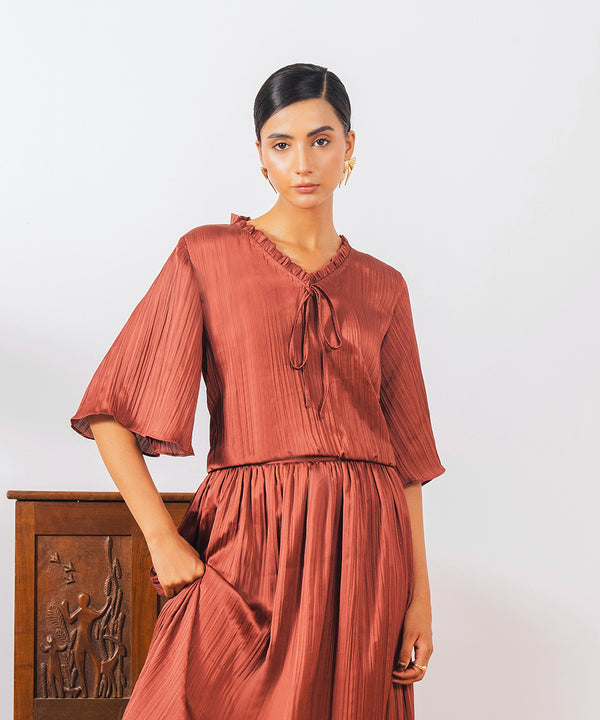 Brown Crush Top with Frill & Strings