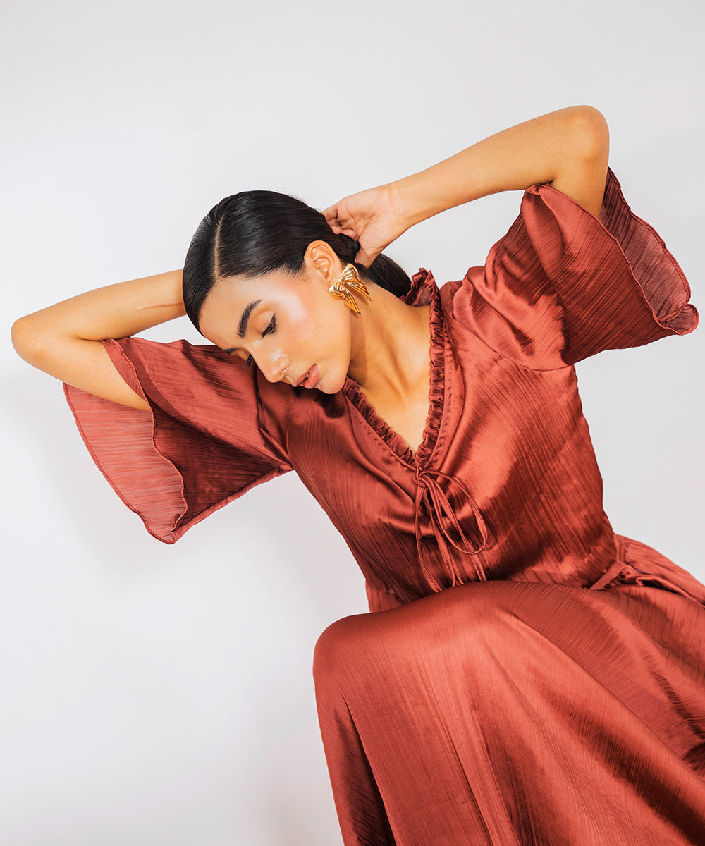 Brown Crush Top with Frill & Strings - Halo Retail
