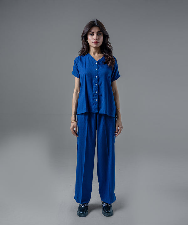 Blue Jacquard V-Neck Top