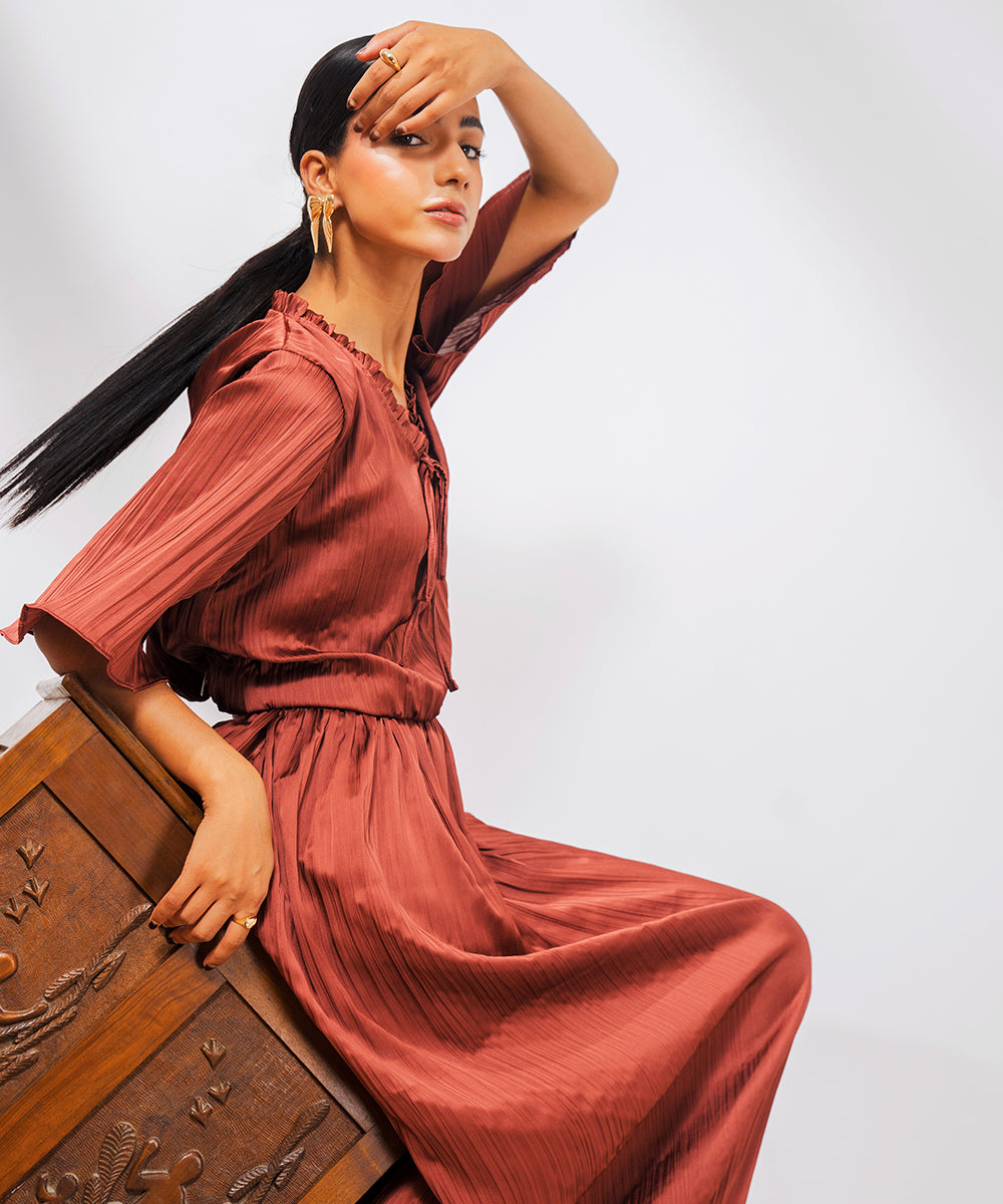 Brown Crush Top with Frill & Strings - Halo Retail