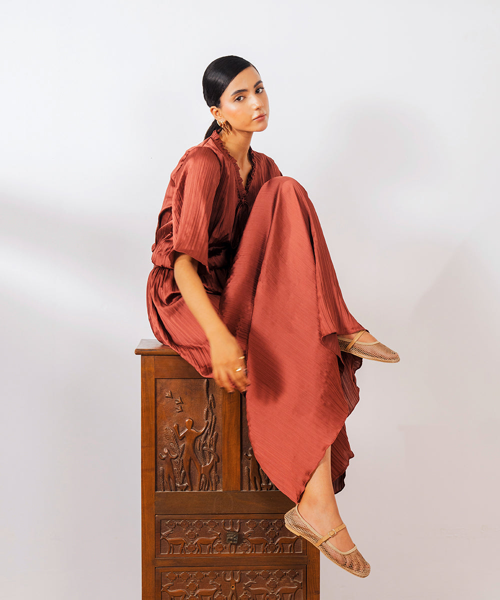 Brown Crush Top with Frill & Strings - Halo Retail