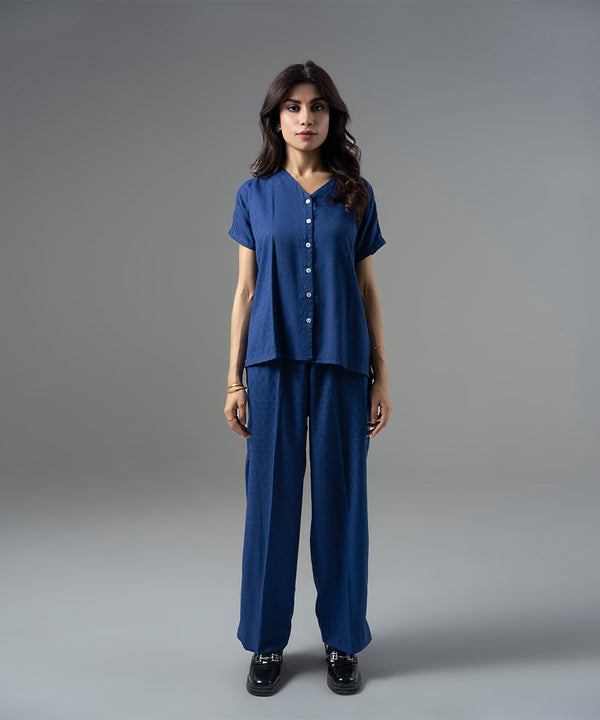 Blue Jacquard V-Neck Top