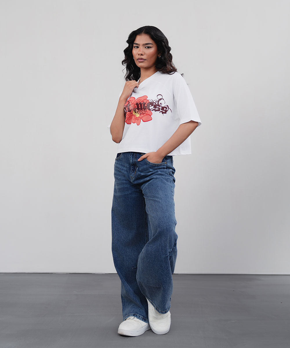 Printed White Cropped Tee